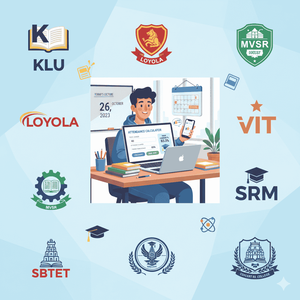 attendance calculator, KLU, VTI, Loyola, MVSR, SRM, SBTET